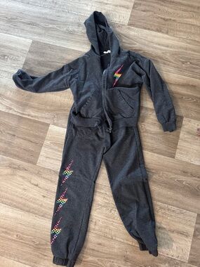 Kids Dark Gray Hoodie & Jogger Set with Colorful Lightning Accents